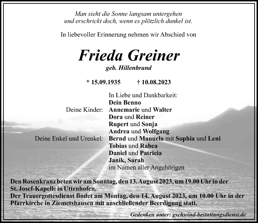 Traueranzeige von Frieda Greiner von Mittelschwäbische Nachrichten