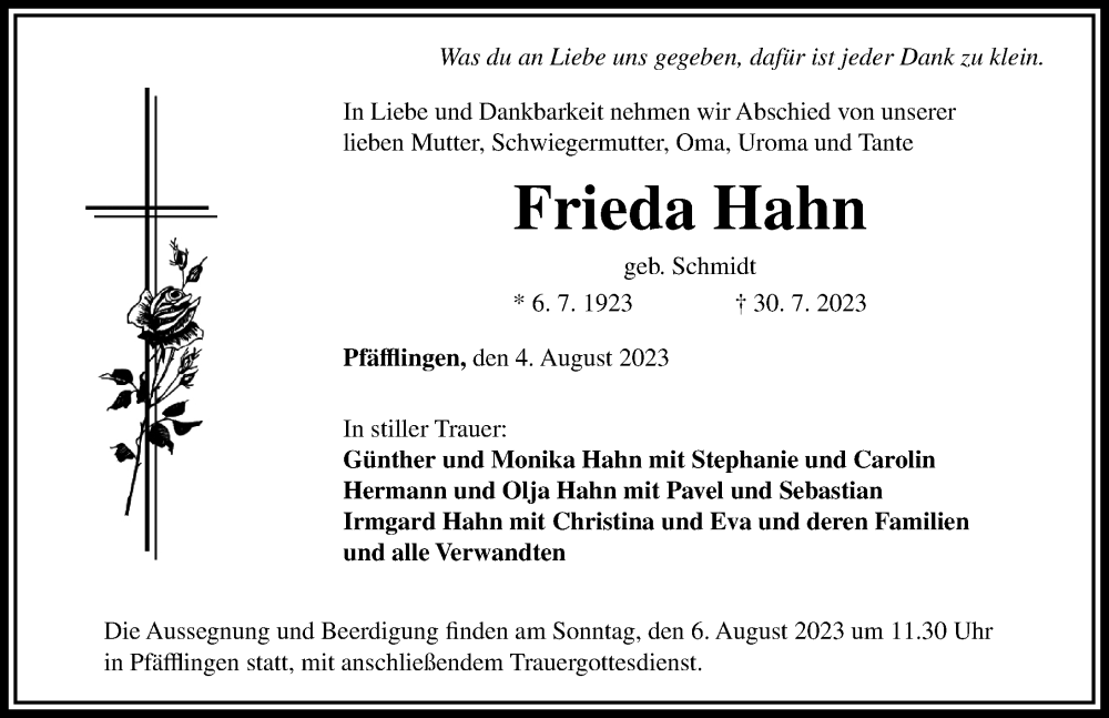 Traueranzeige für Frieda Hahn vom 04.08.2023 aus Rieser Nachrichten