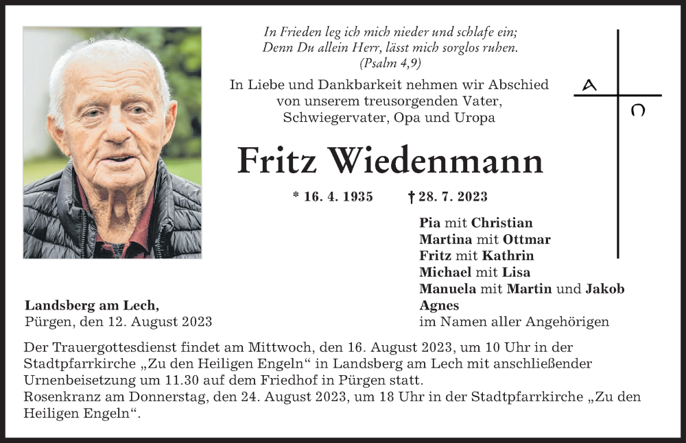 Traueranzeige von Fritz Wiedenmann von Landsberger Tagblatt