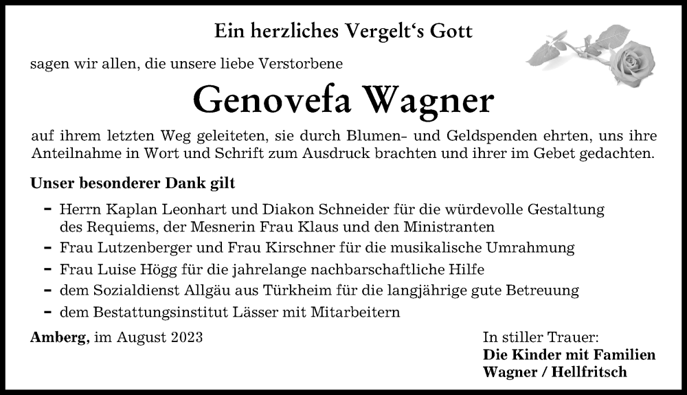 Traueranzeige von Genovefa Wagner von Mindelheimer Zeitung