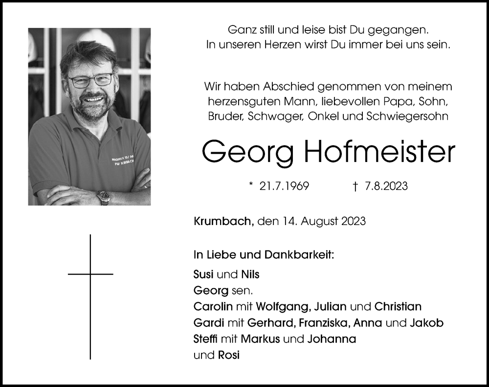 Traueranzeige von Georg Hofmeister von Mittelschwäbische Nachrichten