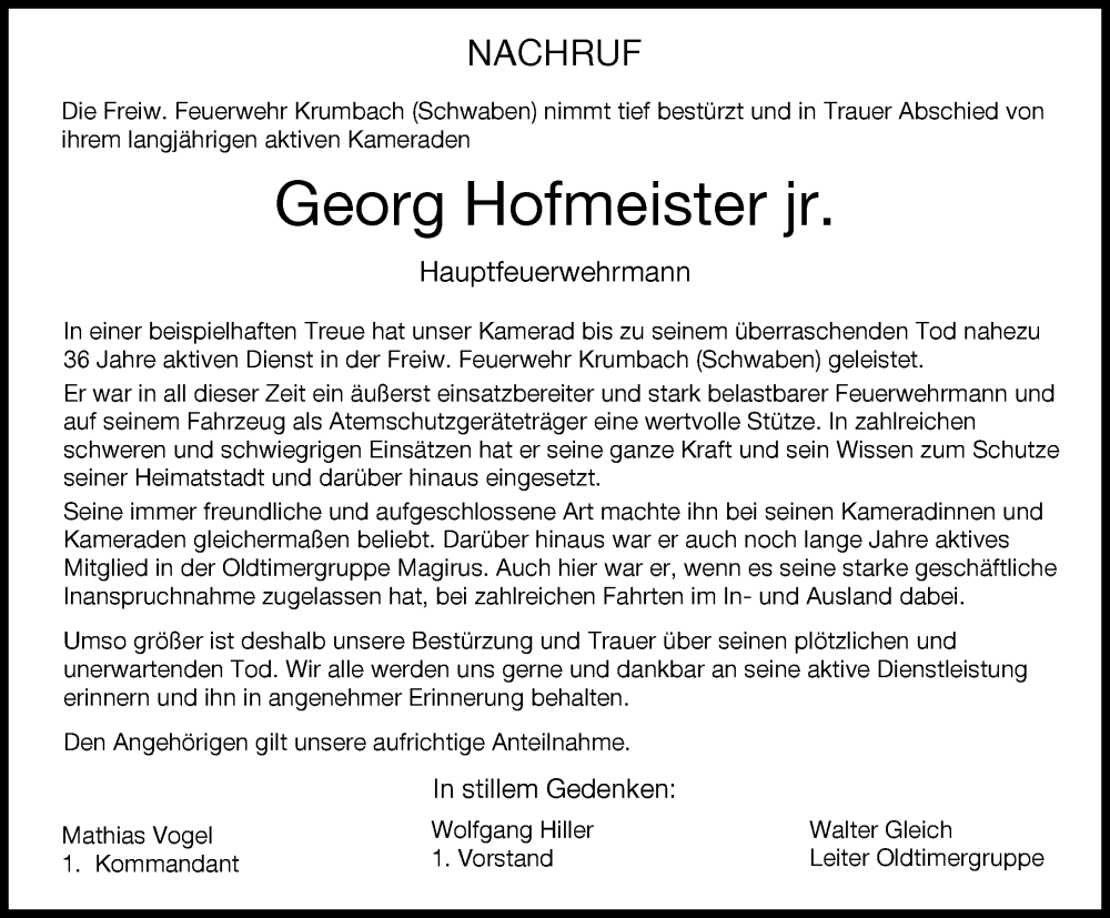 Traueranzeige von Georg Hofmeister von Mittelschwäbische Nachrichten