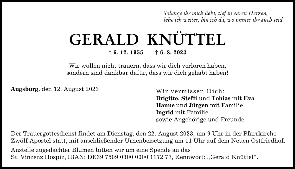 Traueranzeige von Gerald Knüttel von Augsburger Allgemeine