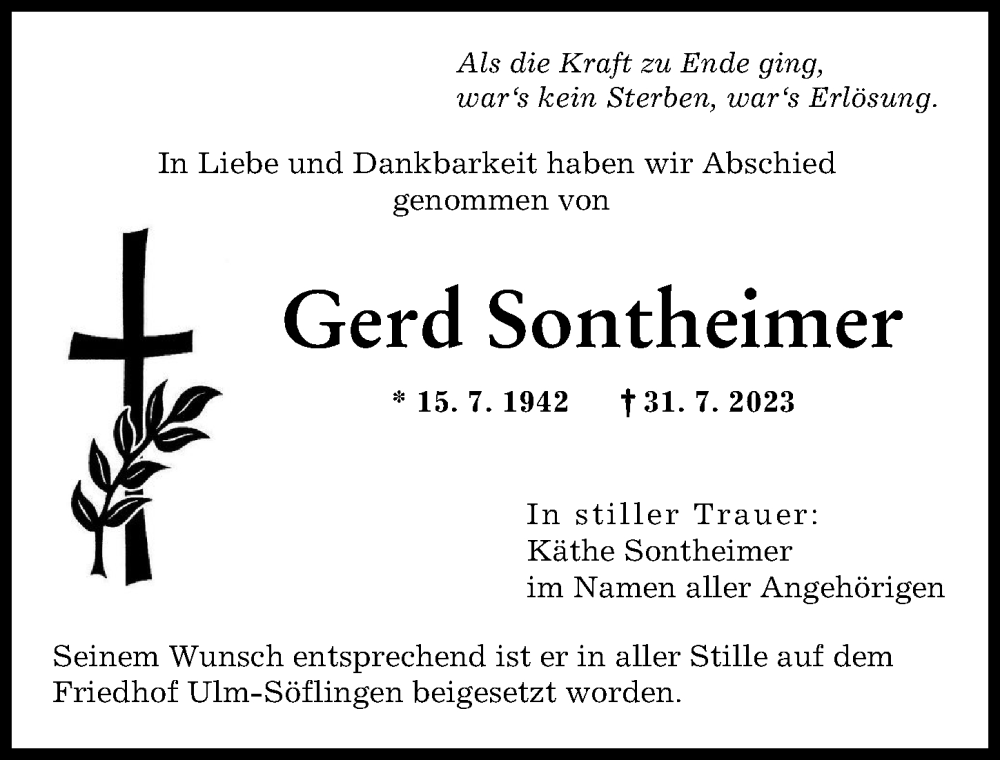 Traueranzeige von Gerd Sontheimer von Augsburger Allgemeine