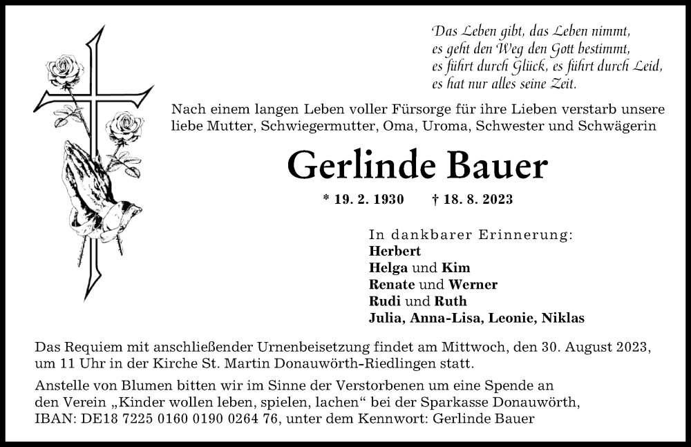 Traueranzeige von Gerlinde Bauer von Donauwörther Zeitung