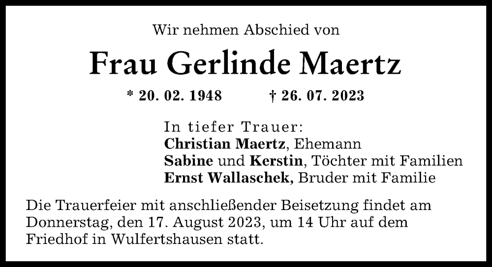 Traueranzeige von Gerlinde Maertz von Friedberger Allgemeine