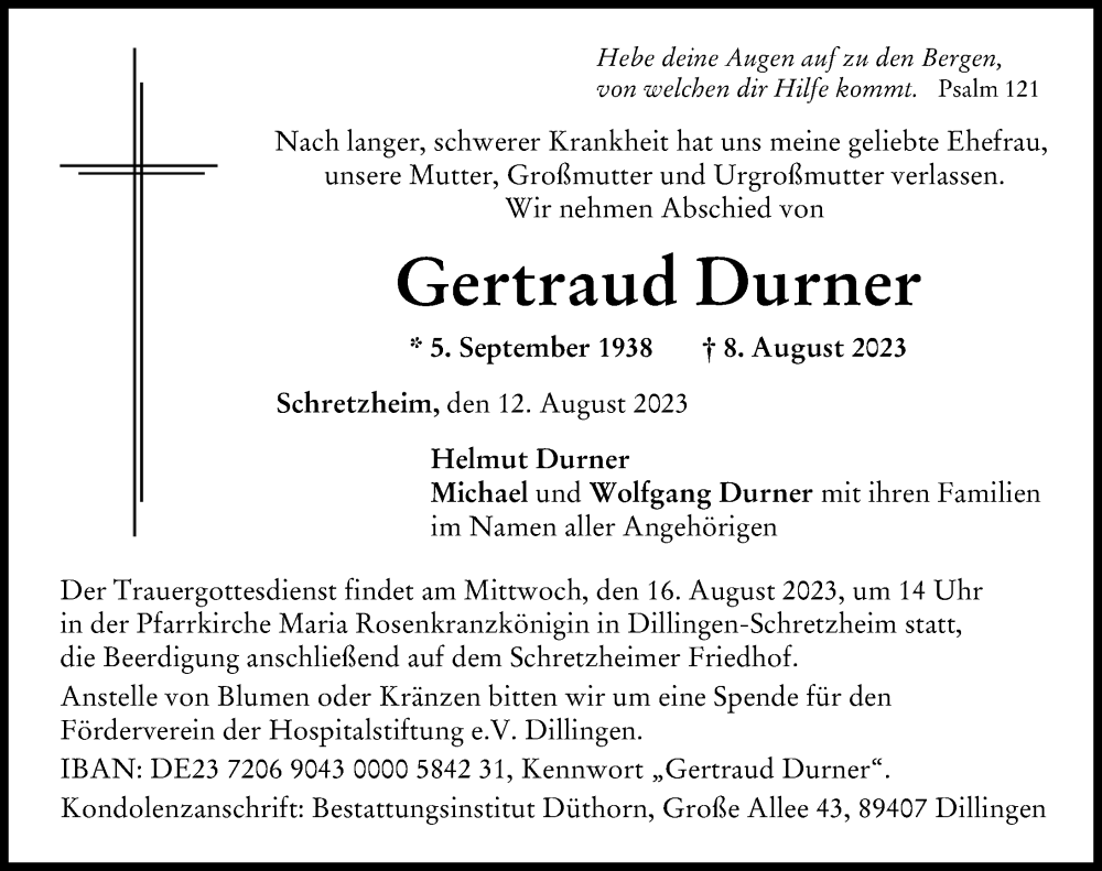 Traueranzeige von Gertraud Durner von Donau Zeitung