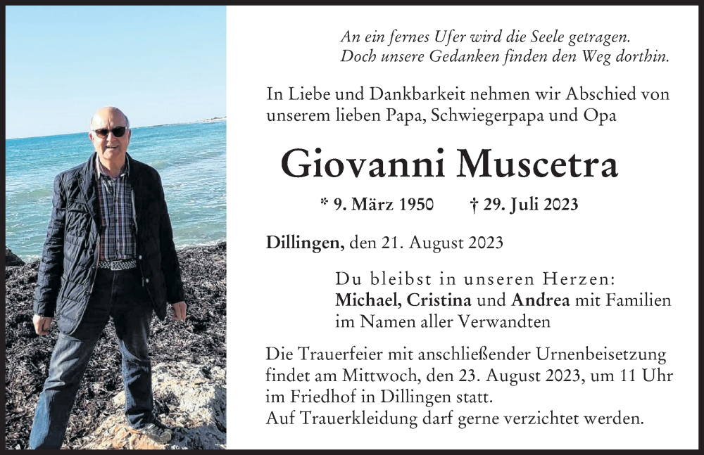 Traueranzeige von Giovanni Muscetra von Donau Zeitung