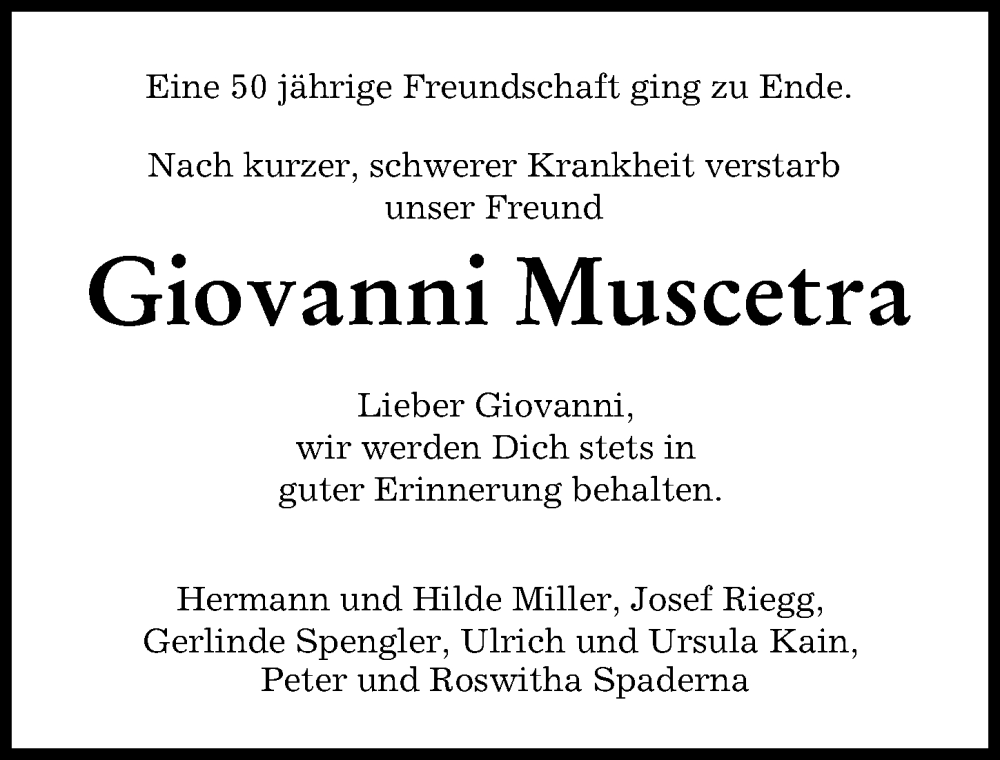 Traueranzeige von Giovanni Muscetra von Donau Zeitung