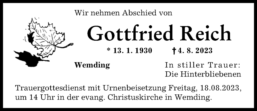 Traueranzeige von Gottfried Reich von Donauwörther Zeitung