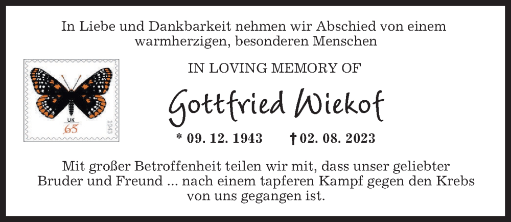  Traueranzeige für Gottfried Wiekof vom 12.08.2023 aus Augsburger Allgemeine