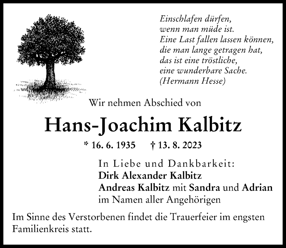 Traueranzeige von Hans-Joachim Kalbitz von Günzburger Zeitung