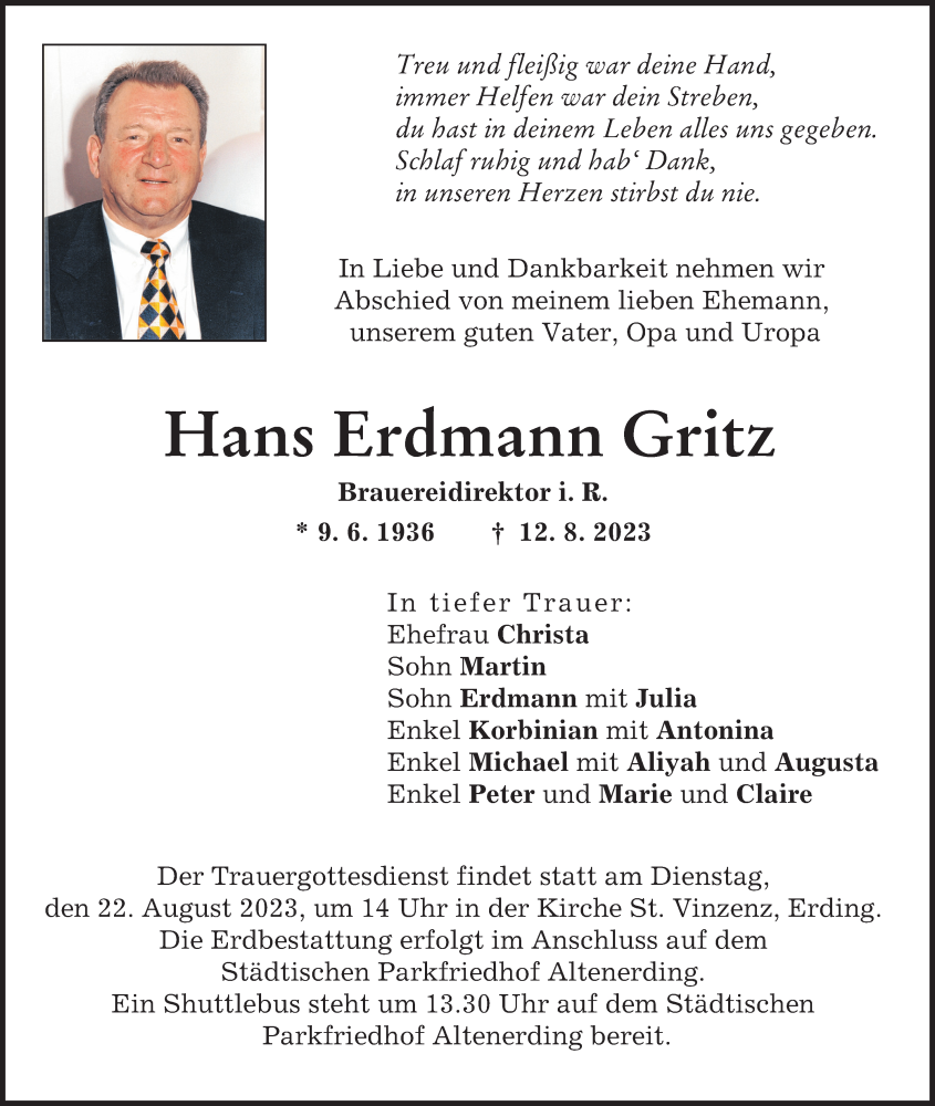 Traueranzeige von Hans Erdmann Gritz von Landsberger Tagblatt