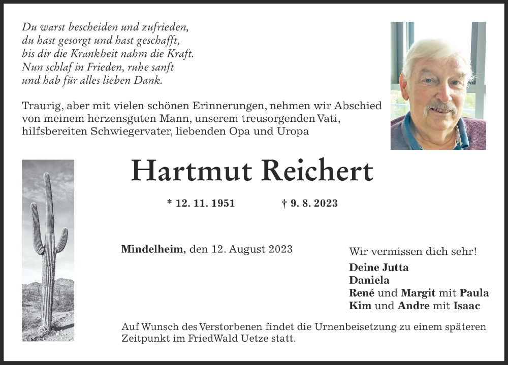 Traueranzeige von Hartmut Reichert von Mindelheimer Zeitung