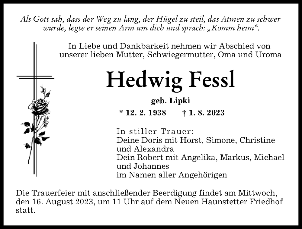 Traueranzeige von Hedwig Fessl von Augsburger Allgemeine