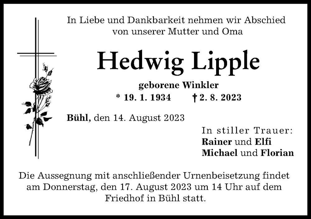 Traueranzeige von Hedwig Lipple von Günzburger Zeitung