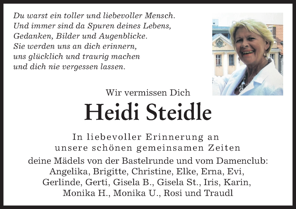 Traueranzeige von Heidi Steidle von Augsburger Allgemeine