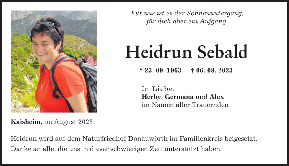  Traueranzeige für Heidrun Sebald vom 18.08.2023 aus Donauwörther Zeitung
