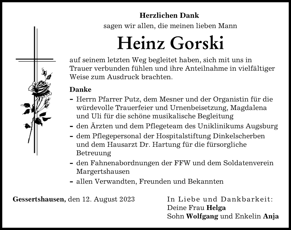 Traueranzeige von Heinz Gorski von Augsburg-Land