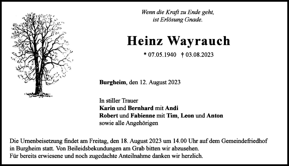 Traueranzeige von Heinz Wayrauch von Neuburger Rundschau