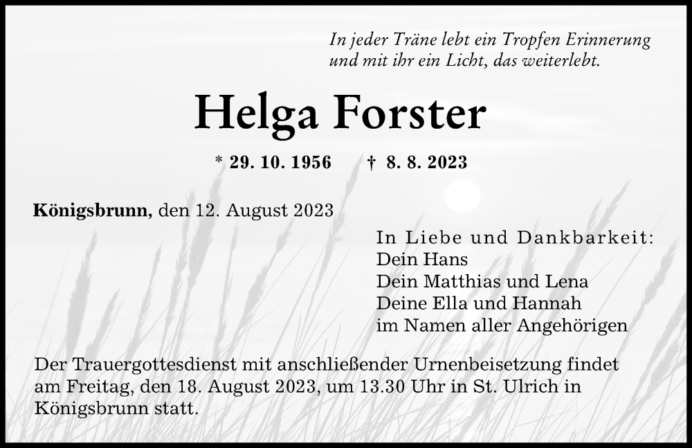 Traueranzeige von Helga Forster von Schwabmünchner Allgemeine, Augsburger Allgemeine