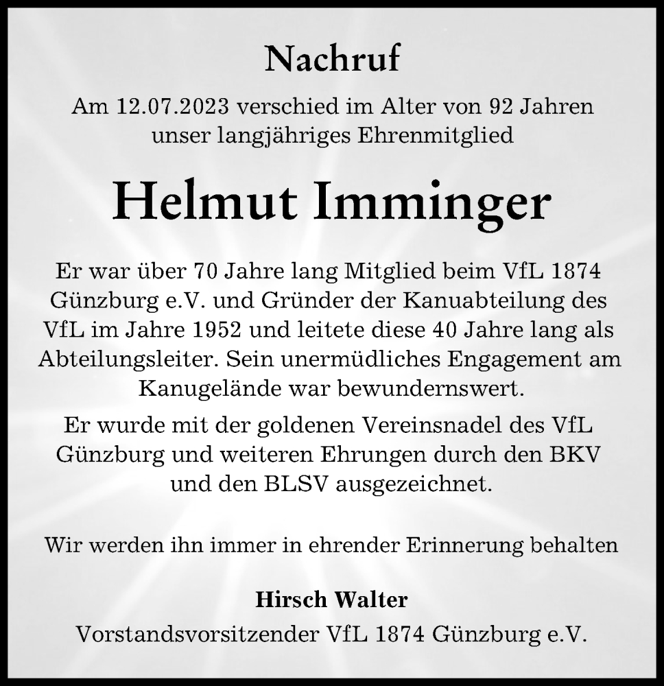 Traueranzeige von Helmut Imminger von Günzburger Zeitung