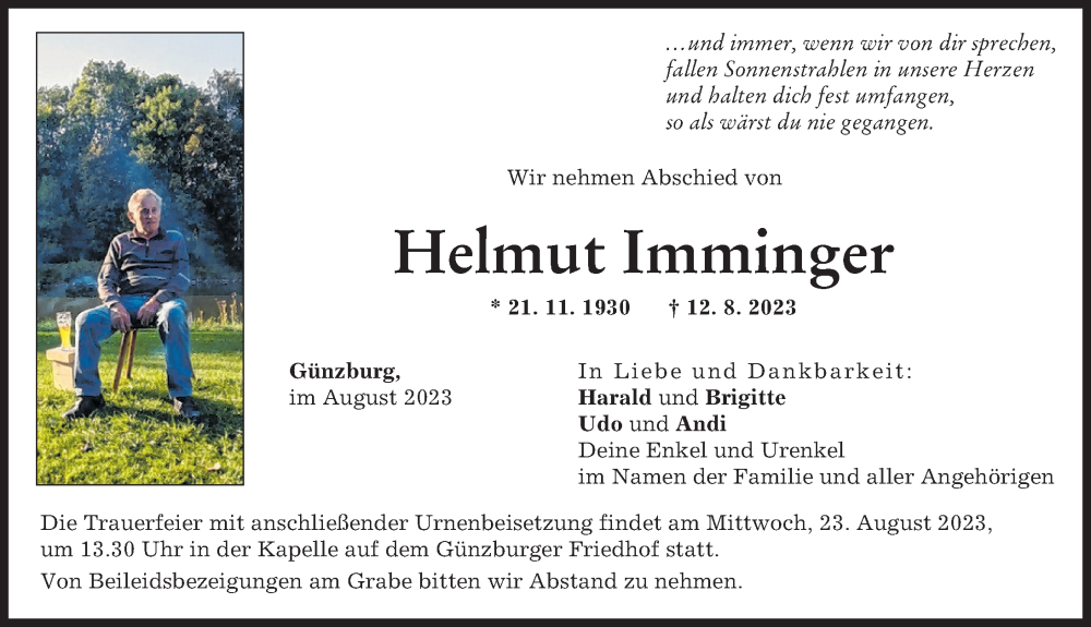 Traueranzeige von Helmut Imminger von Günzburger Zeitung