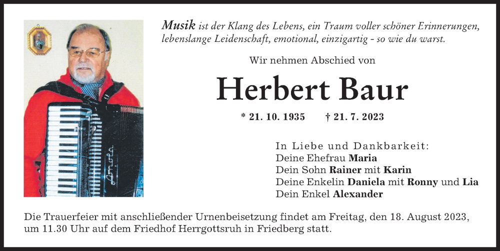 Traueranzeige von Herbert Baur von Friedberger Allgemeine