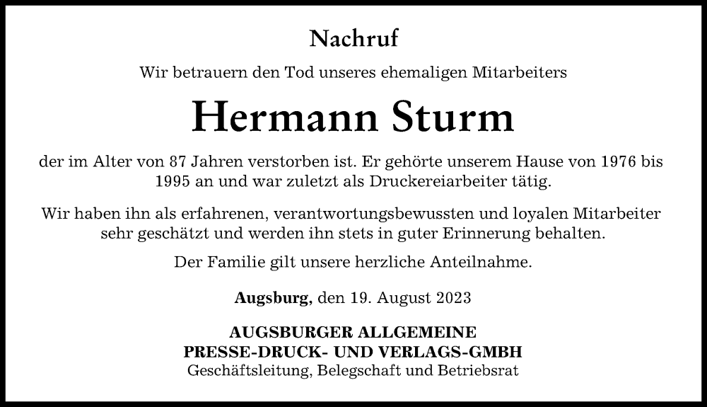 Traueranzeige von Hermann Sturm von Augsburger Allgemeine