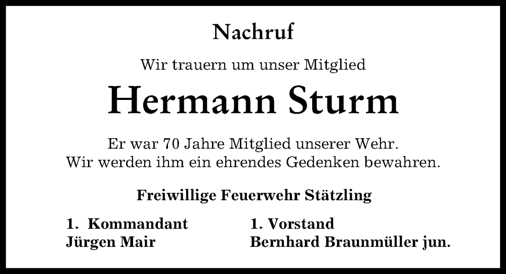 Traueranzeige von Hermann Sturm von Friedberger Allgemeine