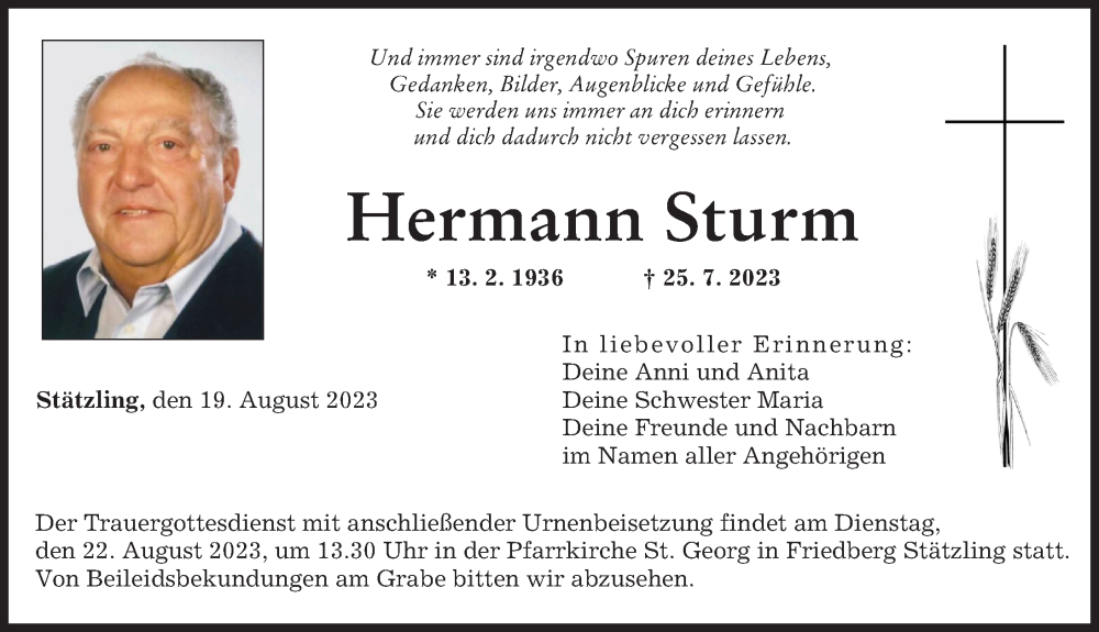 Traueranzeige von Hermann Sturm von Friedberger Allgemeine, Augsburger Allgemeine