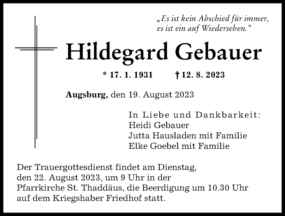 Traueranzeige von Hildegard Gebauer von Augsburger Allgemeine