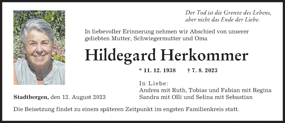 Traueranzeige von Hildegard Herkommer von Augsburger Allgemeine