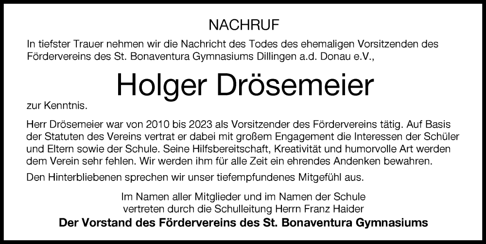  Traueranzeige für Holger Drösemeier vom 26.08.2023 aus Donau Zeitung