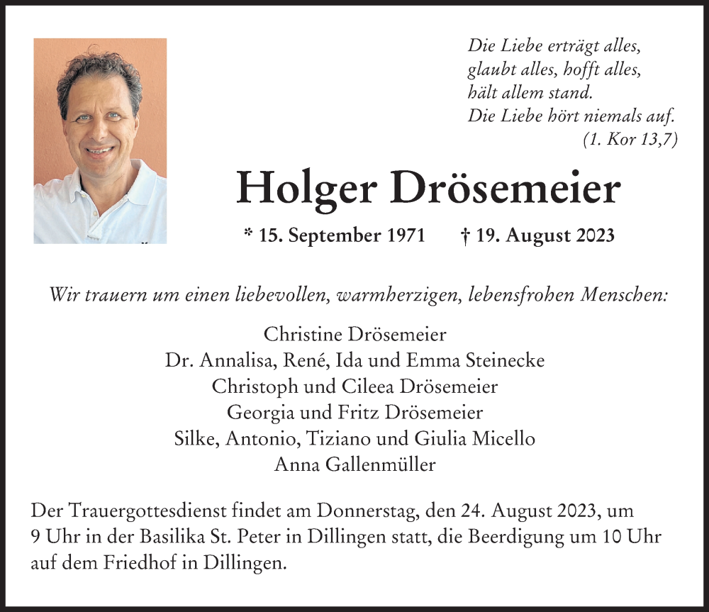  Traueranzeige für Holger Drösemeier vom 23.08.2023 aus Donau Zeitung