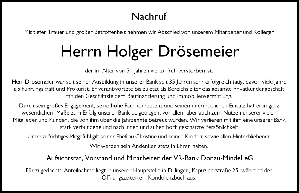 Traueranzeige von Holger Drösemeier von Donau Zeitung