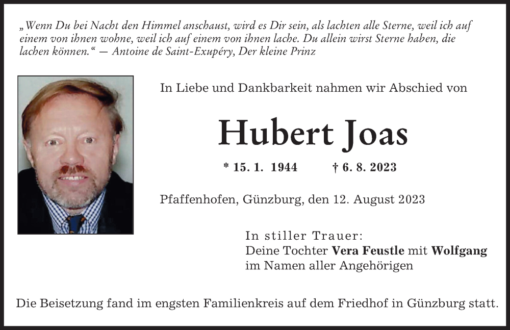 Traueranzeige von Hubert Joas von Neu-Ulmer Zeitung, Günzburger Zeitung