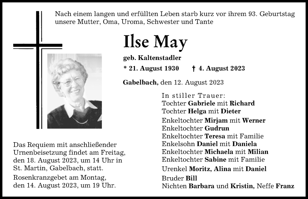 Traueranzeige von Ilse May von Augsburg-Land