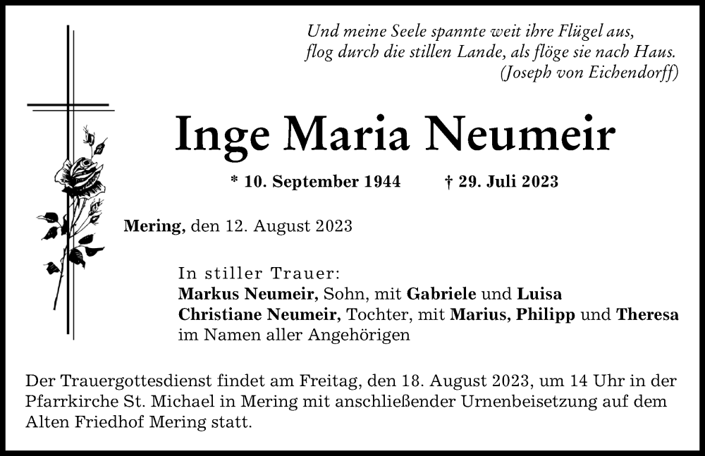 Traueranzeige von Inge Neumeir von Friedberger Allgemeine