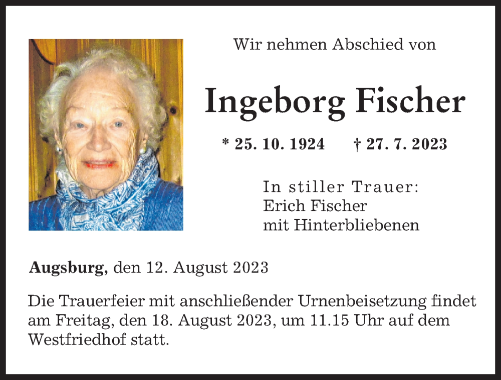 Traueranzeige von Ingeborg Fischer von Augsburger Allgemeine