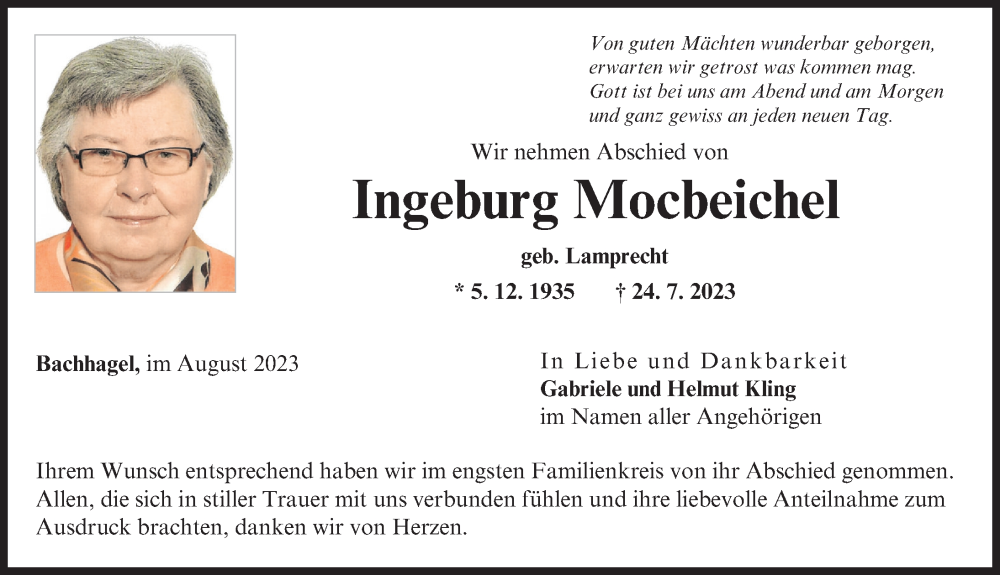 Traueranzeige von Ingeburg Mocbeichel von Donau Zeitung