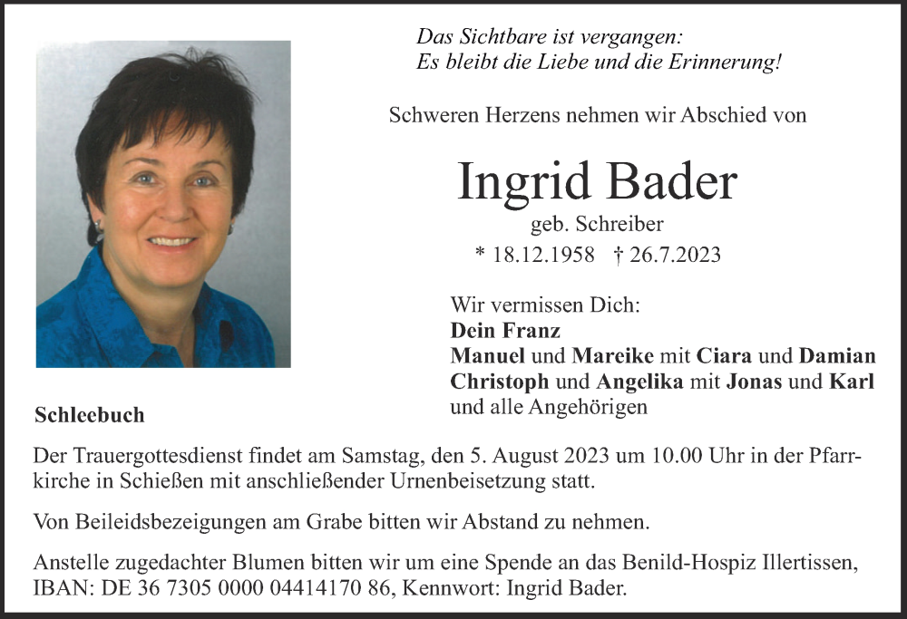  Traueranzeige für Ingrid Bader vom 02.08.2023 aus Neu-Ulmer Zeitung