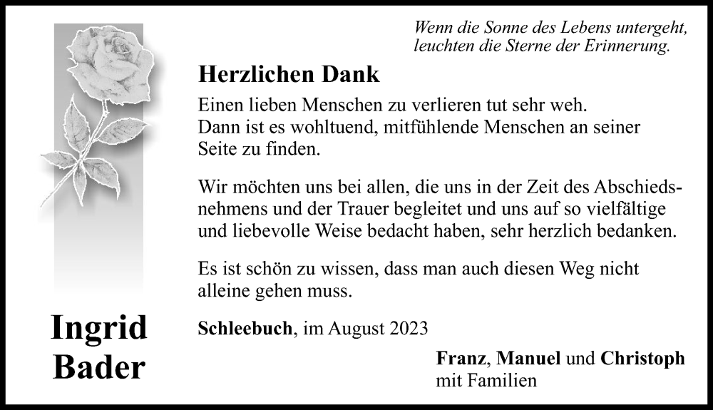  Traueranzeige für Ingrid Bader vom 22.08.2023 aus Neu-Ulmer Zeitung