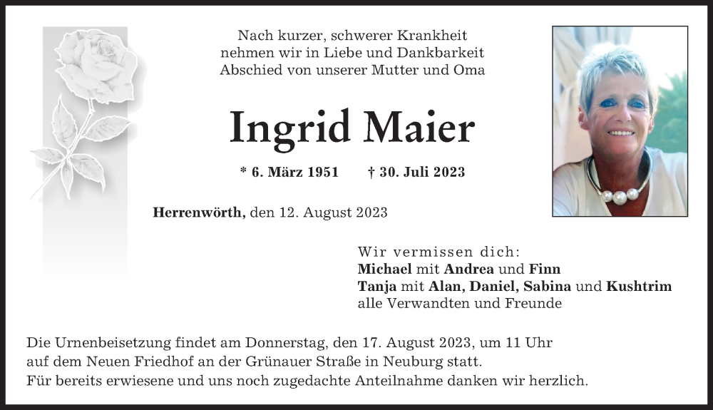 Traueranzeige von Ingrid Maier von Neuburger Rundschau