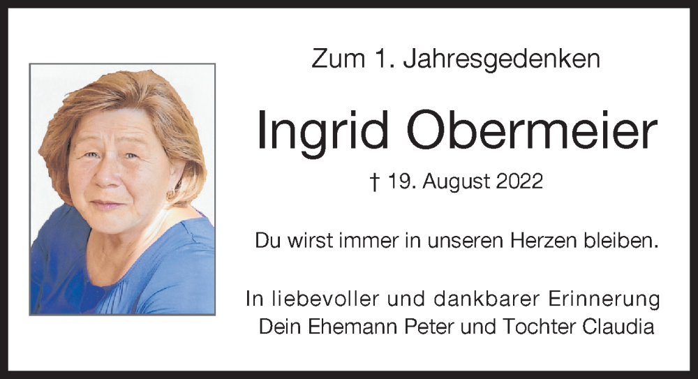 Traueranzeige von Ingrid Obermeier von Augsburger Allgemeine