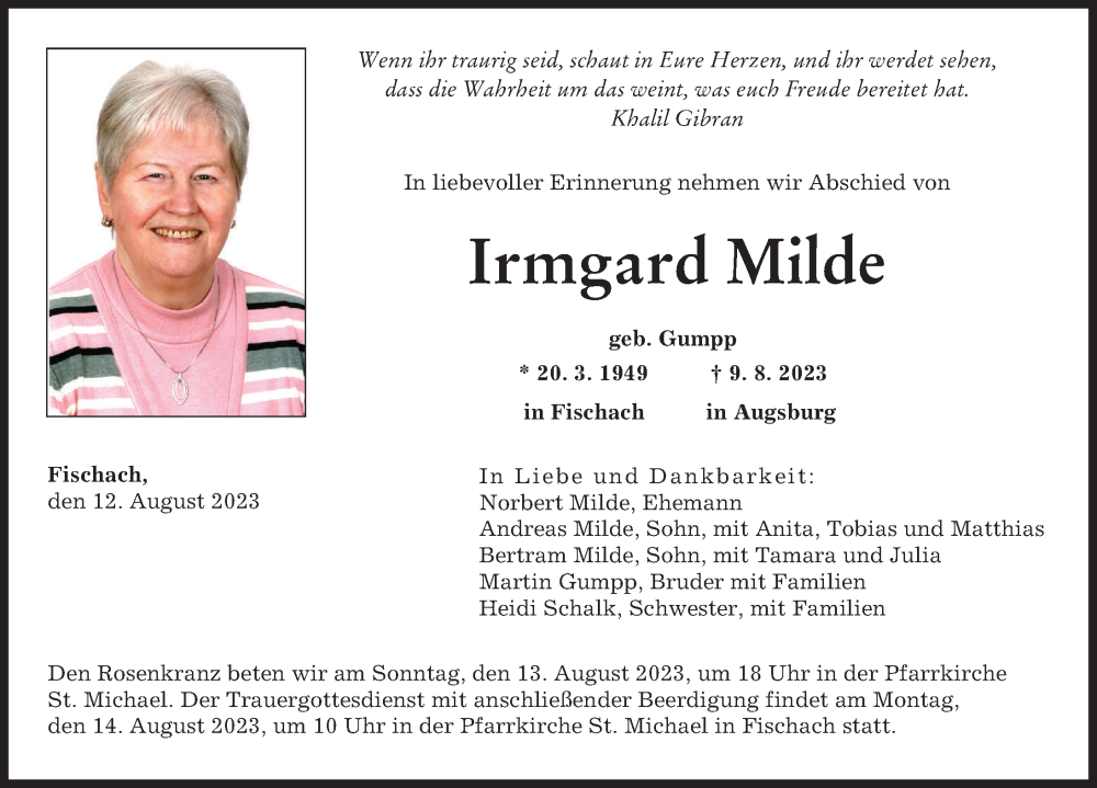 Traueranzeige von Irmgard Milde von Donau Zeitung, Augsburger Allgemeine