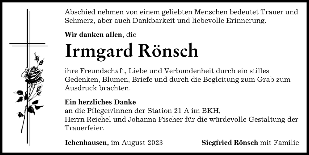 Traueranzeige von Irmgard Rönsch von Mittelschwäbische Nachrichten, Günzburger Zeitung