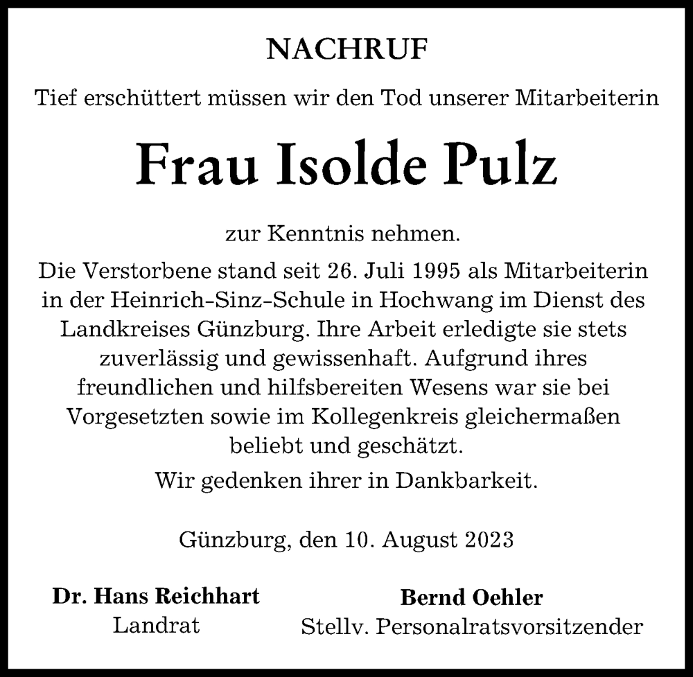 Traueranzeige von Isolde Pulz von Günzburger Zeitung
