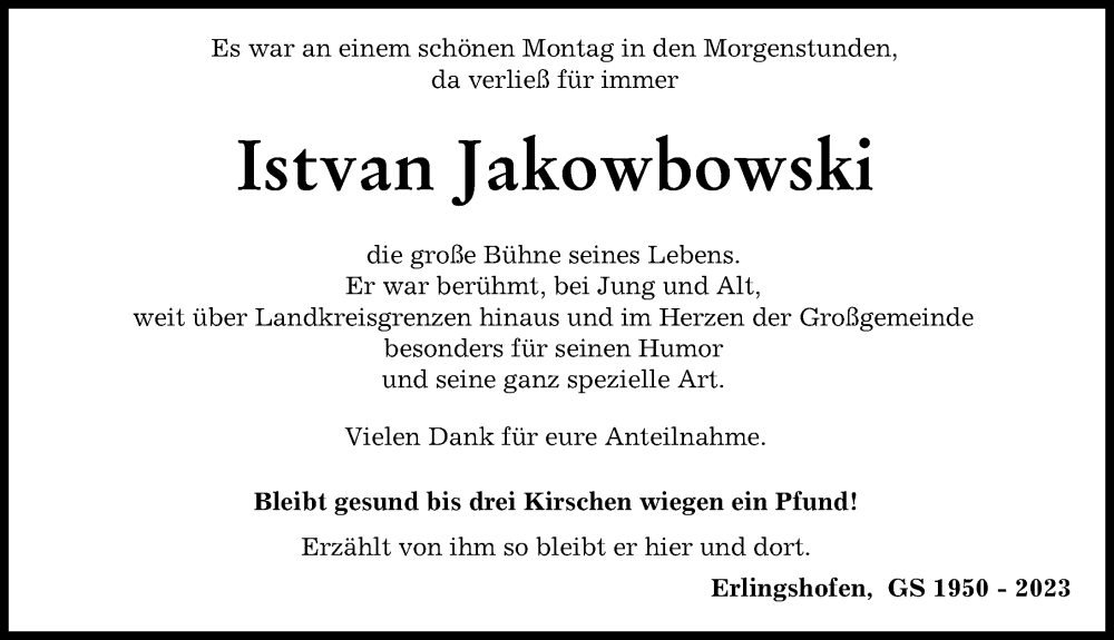 Traueranzeige von Istvan Jakowbowski von Donau Zeitung, Donauwörther Zeitung