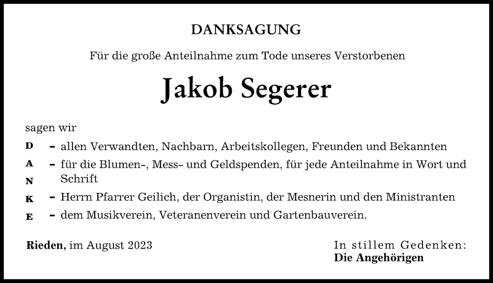 Traueranzeige von Jakob Segerer von Günzburger Zeitung